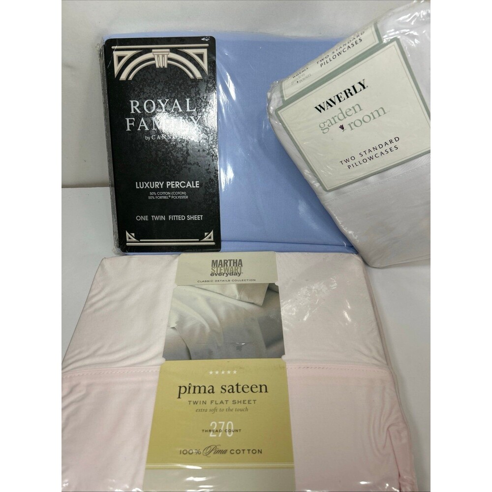 Martha Stewart Twin Flat Fitted Sheet Pillowcase lot Pink Blue White NOS - Picture 2 of 4